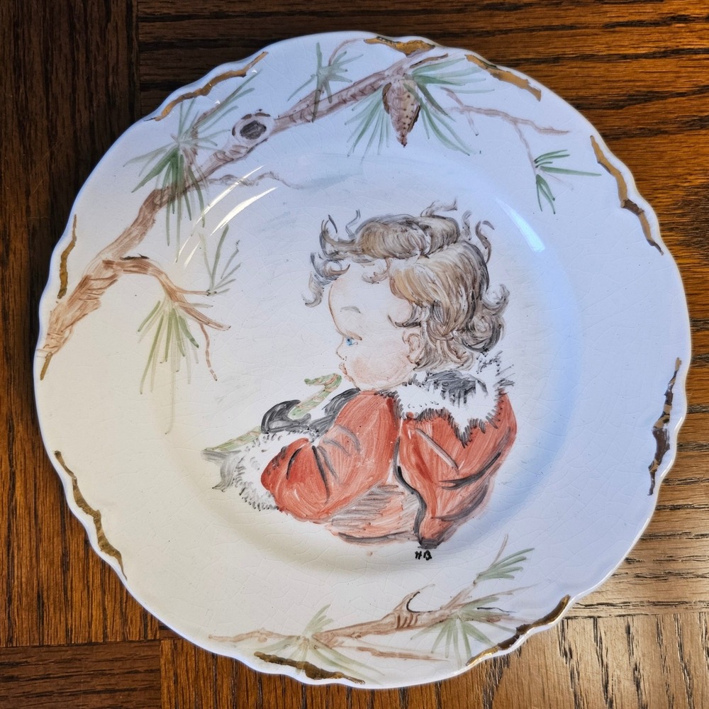 Terry Burke Studio Hand Painted Winter Child Candy Cane Ceramic Plate 2001 7.25"